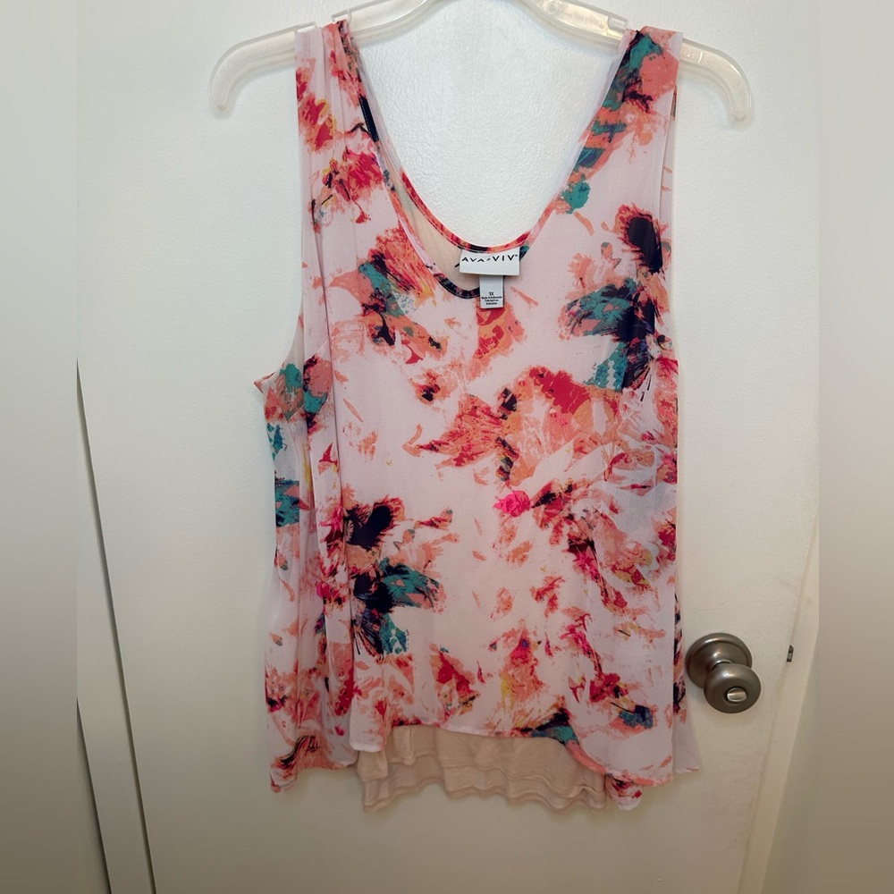 Ava & Viv 1X printed Shell Tank Knit to Woven Detail